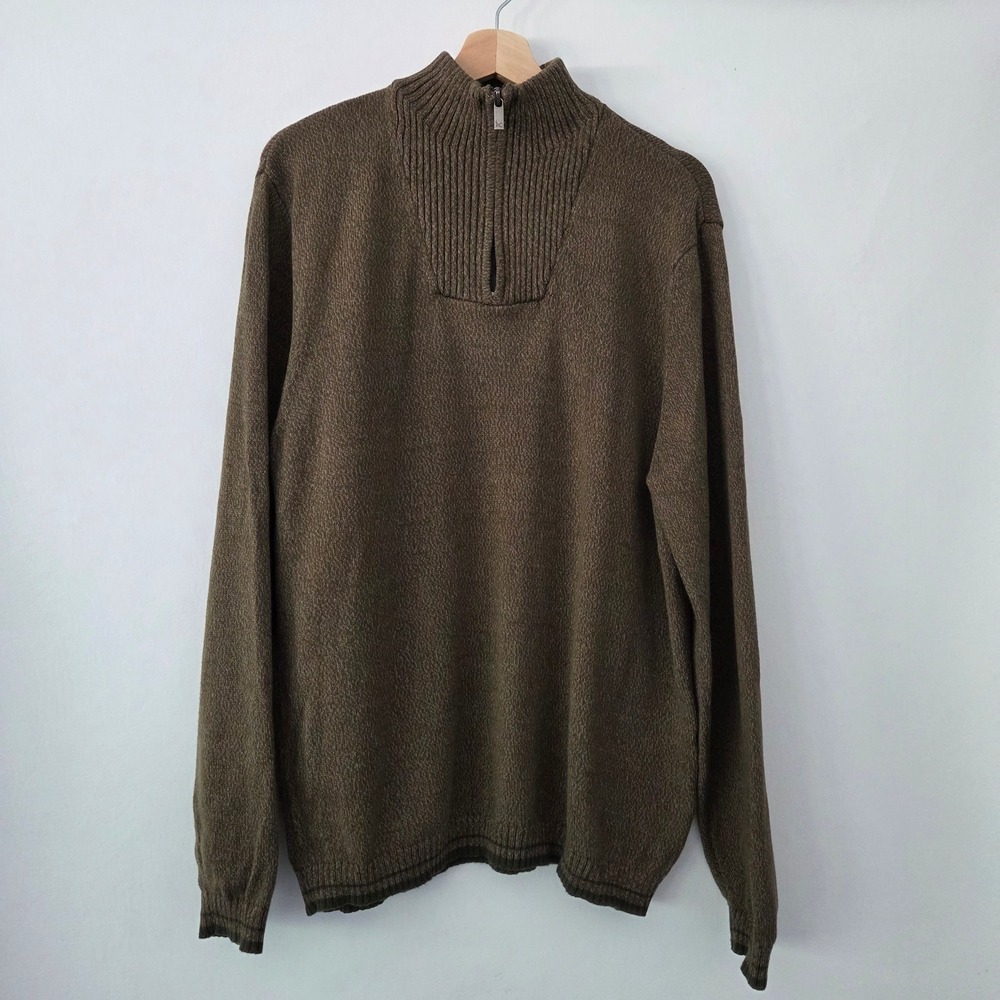 Eddie Bauer Quarter Zip Sweater Olive Green Marled Knit Mens Large